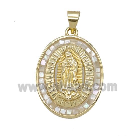 Copper Jesus Pendant Pave Shell Oval Gold Plated