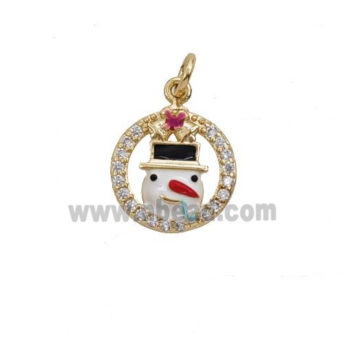 Christmas Snowman Charms Copper Pendant Pave Zirconia White Enamel Gold Plated