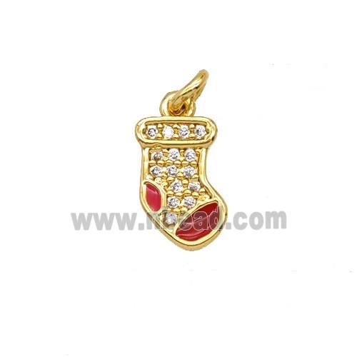 Christmas Stocking Charms Copper Pendant Pave Zirconia Red Enamel Gold Plated
