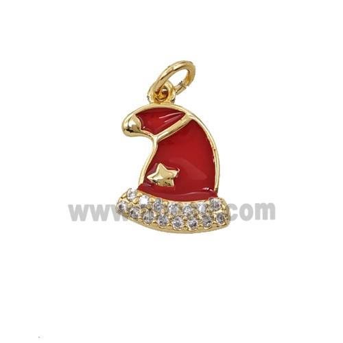 Christmas Hat Charms Copper Pendant Pave Zirconia Red Enamel Gold Plated