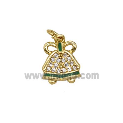 Christmas Bell Charms Copper Pendant Pave Zirconia Green Enamel Gold Plated