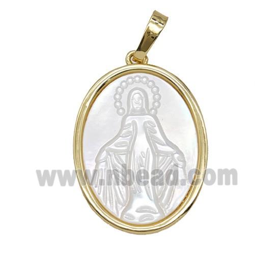 Copper Oval Pendant Pave Shell Virgin Mary 18K Gold Plated