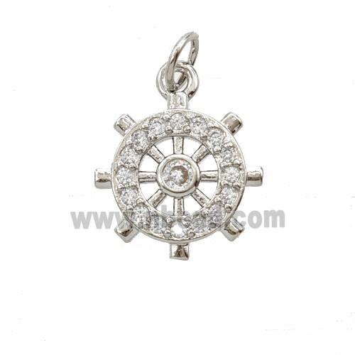 Copper Shipwheel Pendant Pave Zirconia Platinum Plated