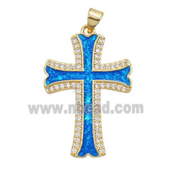 Copper Cross Pendant Pave Zirconia Blue FireOpal 18K Gold Plated
