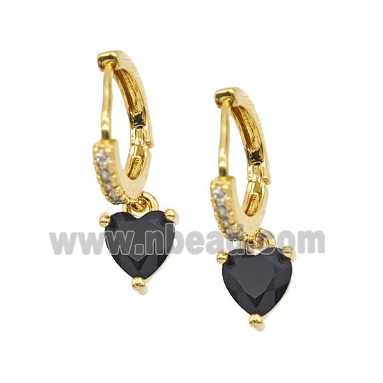 Copper Hoop Earrings Pave Black Heart Zirconia 18K Gold Plated