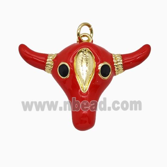 Copper Bull-Head Pendant Red Enamel Gold Plated