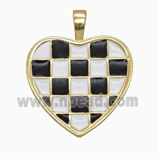 Copper Heart Pendant Pink Black Enamel Checkerboard Grid Gold Plated