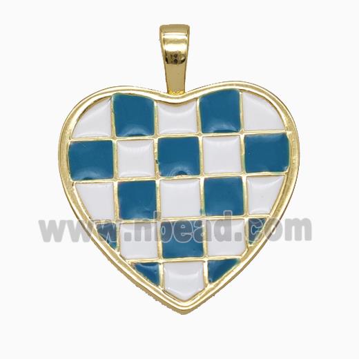 Copper Heart Pendant Blue White Enamel Checkerboard Grid Gold Plated
