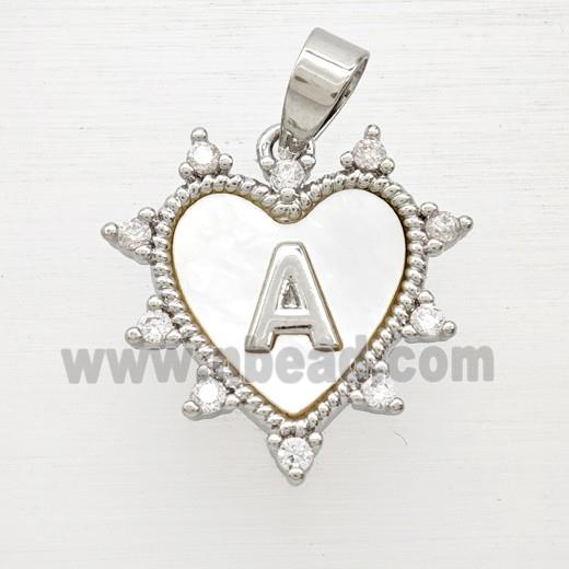 Copper Letter-A Heart Pendant Pave Zirconia Shell Platinum Plated