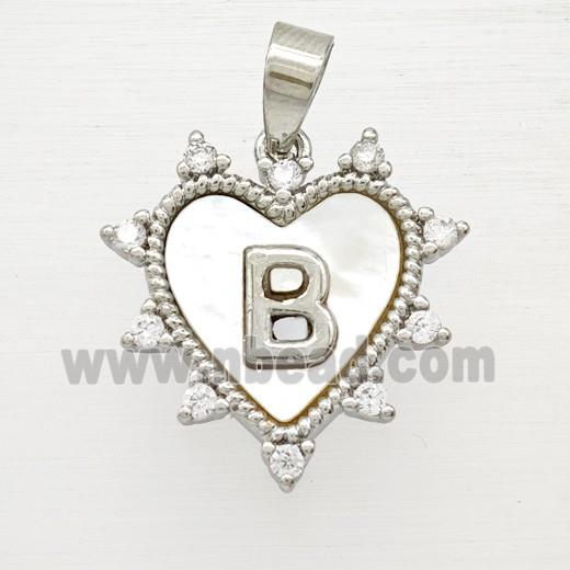 Copper Letter-B Heart Pendant Pave Zirconia Shell Platinum Plated