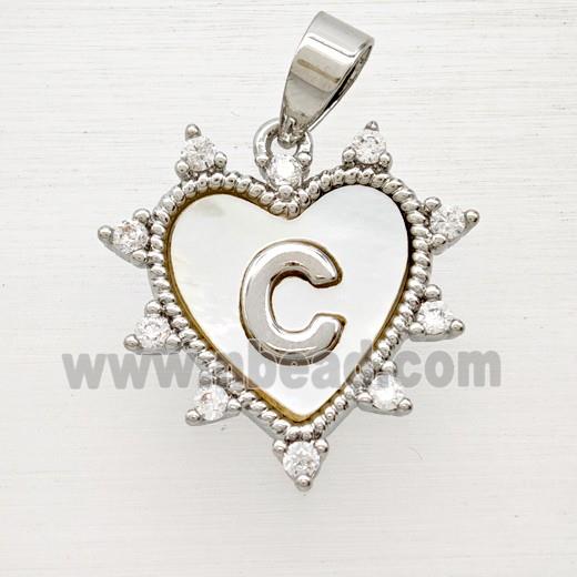 Copper Letter-C Heart Pendant Pave Zirconia Shell Platinum Plated