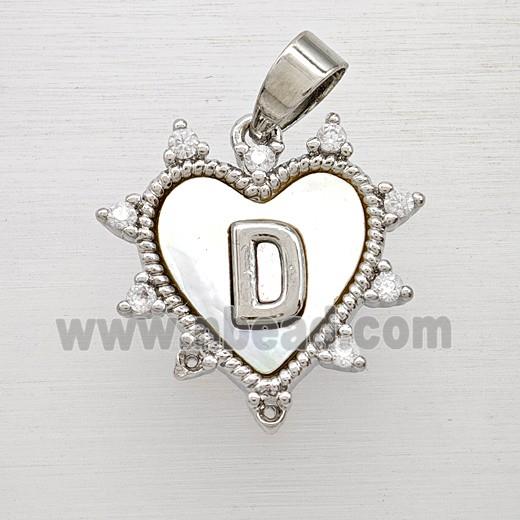 Copper Letter-D Heart Pendant Pave Zirconia Shell Platinum Plated
