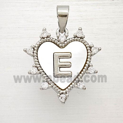 Copper Letter-E Heart Pendant Pave Zirconia Shell Platinum Plated