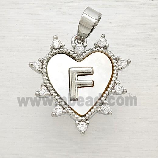 Copper Letter-F Heart Pendant Pave Zirconia Shell Platinum Plated
