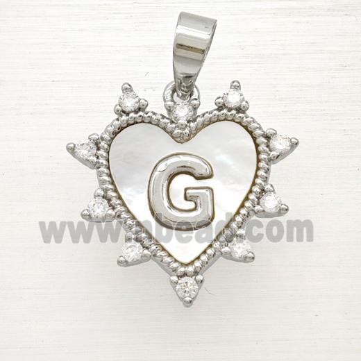 Copper Letter-G Heart Pendant Pave Zirconia Shell Platinum Plated