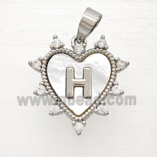 Copper Letter-H Heart Pendant Pave Zirconia Shell Platinum Plated