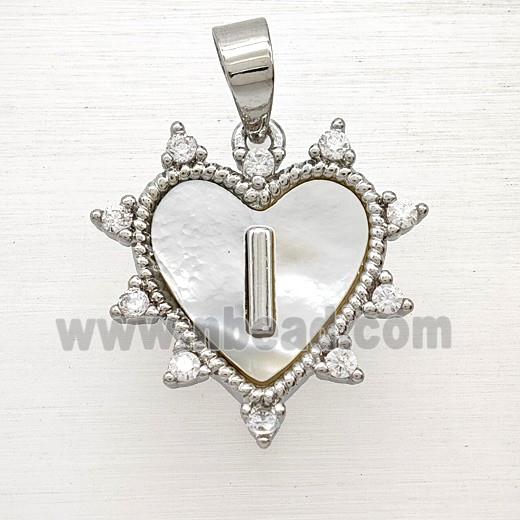 Copper Letter-I Heart Pendant Pave Zirconia Shell Platinum Plated