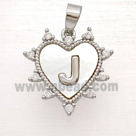 Copper Letter-J Heart Pendant Pave Zirconia Shell Platinum Plated