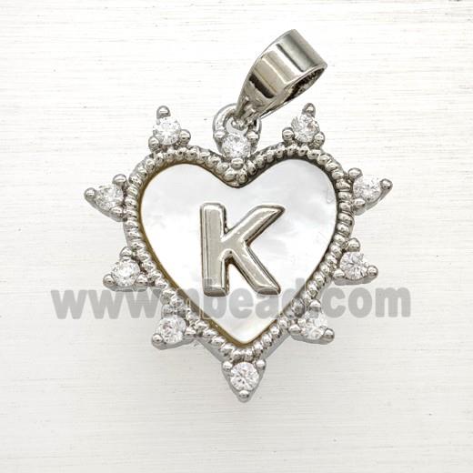 Copper Letter-K Heart Pendant Pave Zirconia Shell Platinum Plated