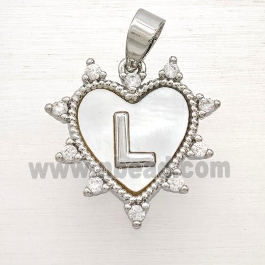 Copper Letter-L Heart Pendant Pave Zirconia Shell Platinum Plated