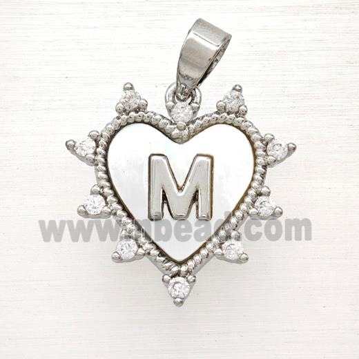 Copper Letter-M Heart Pendant Pave Zirconia Shell Platinum Plated
