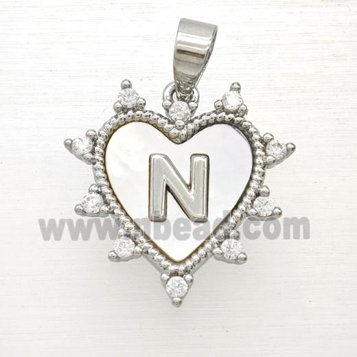 Copper Letter-N Heart Pendant Pave Zirconia Shell Platinum Plated