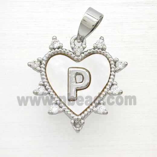 Copper Letter-P Heart Pendant Pave Zirconia Shell Platinum Plated