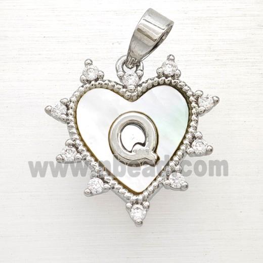 Copper Letter-Q Heart Pendant Pave Zirconia Shell Platinum Plated
