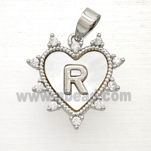 Copper Letter-R Heart Pendant Pave Zirconia Shell Platinum Plated