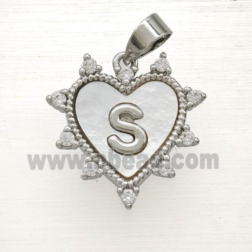 Copper Letter-S Heart Pendant Pave Zirconia Shell Platinum Plated