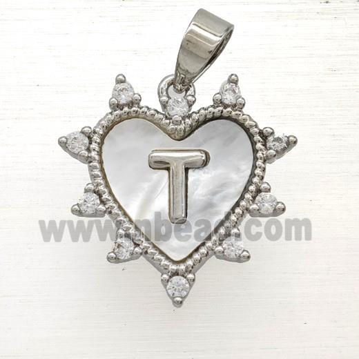 Copper Letter-T Heart Pendant Pave Zirconia Shell Platinum Plated