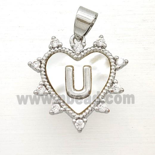 Copper Letter-U Heart Pendant Pave Zirconia Shell Platinum Plated