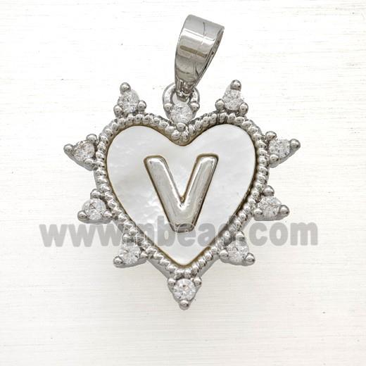 Copper Letter-V Heart Pendant Pave Zirconia Shell Platinum Plated