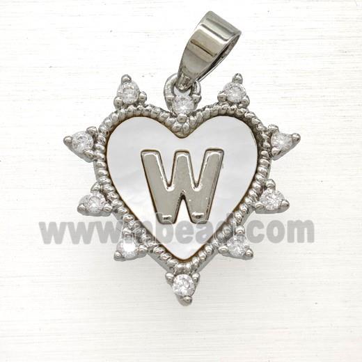 Copper Letter-W Heart Pendant Pave Zirconia Shell Platinum Plated