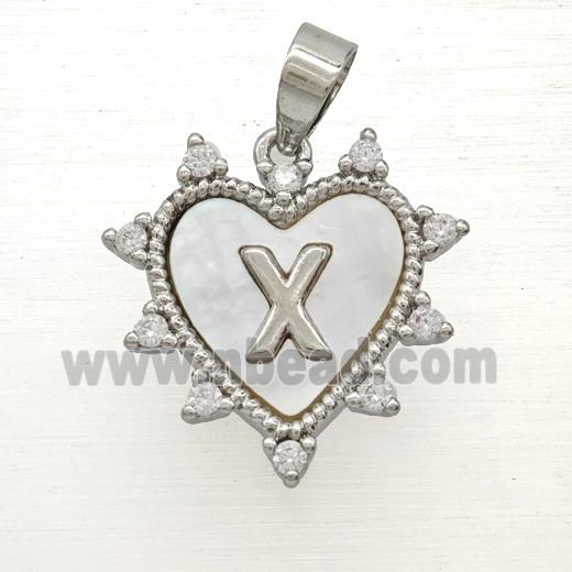 Copper Letter-X Heart Pendant Pave Zirconia Shell Platinum Plated