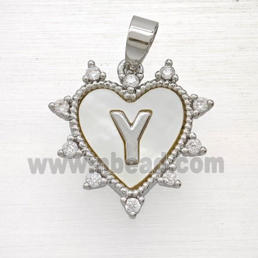 Copper Letter-Y Heart Pendant Pave Zirconia Shell Platinum Plated