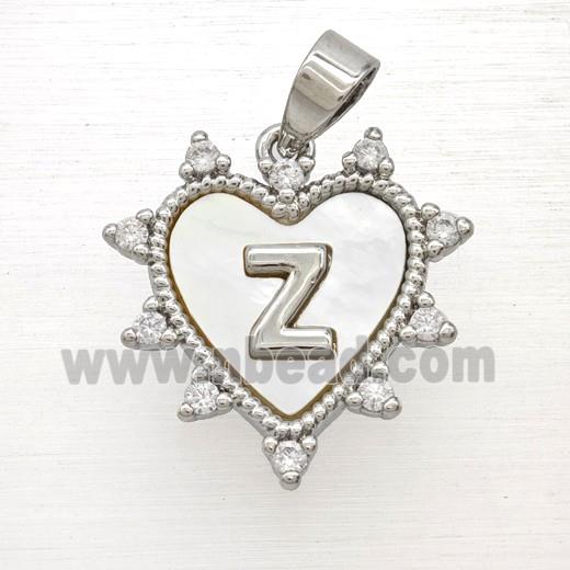 Copper Letter-Z Heart Pendant Pave Zirconia Shell Platinum Plated