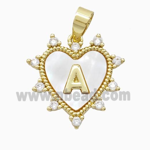 Copper Letter-A Heart Pendant Pave Zirconia Shell Gold Plated
