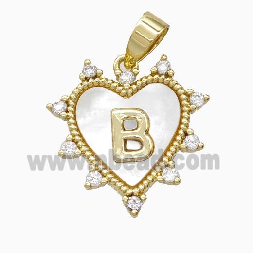 Copper Letter-B Heart Pendant Pave Zirconia Shell Gold Plated
