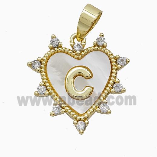 Copper Letter-C Heart Pendant Pave Zirconia Shell Gold Plated