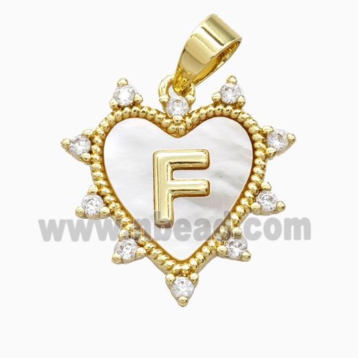 Copper Letter-F Heart Pendant Pave Zirconia Shell Gold Plated