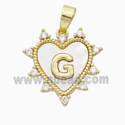 Copper Letter-G Heart Pendant Pave Zirconia Shell Gold Plated