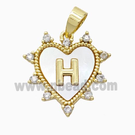 Copper Letter-H Heart Pendant Pave Zirconia Shell Gold Plated