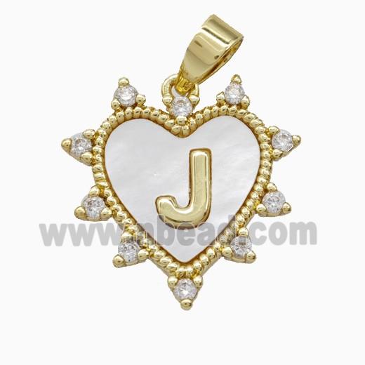 Copper Letter-J Heart Pendant Pave Zirconia Shell Gold Plated