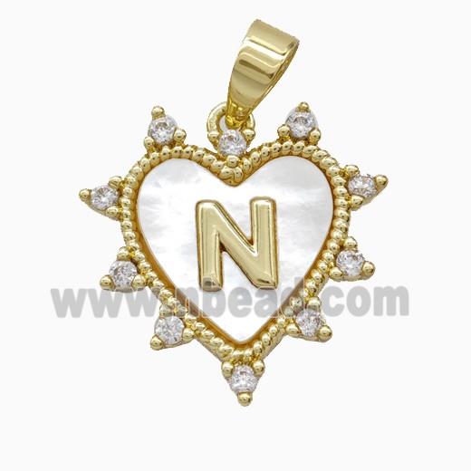 Copper Letter-N Heart Pendant Pave Zirconia Shell Gold Plated