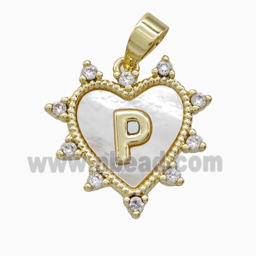 Copper Letter-P Heart Pendant Pave Zirconia Shell Gold Plated