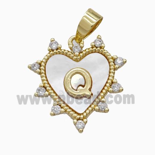 Copper Letter-Q Heart Pendant Pave Zirconia Shell Gold Plated