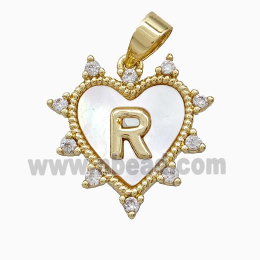 Copper Letter-R Heart Pendant Pave Zirconia Shell Gold Plated
