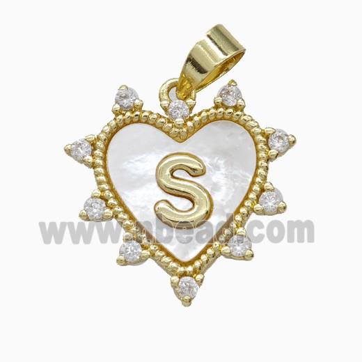 Copper Letter-S Heart Pendant Pave Zirconia Shell Gold Plated