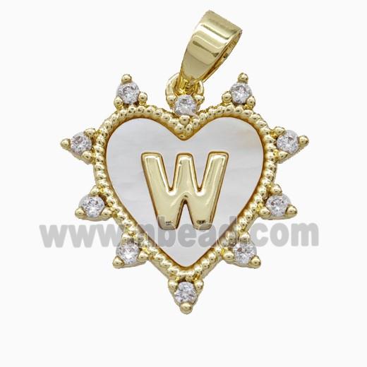 Copper Letter-W Heart Pendant Pave Zirconia Shell Gold Plated
